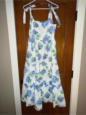 Pink Lily White Sundress with Blue Floral Print and Tie Straps Large